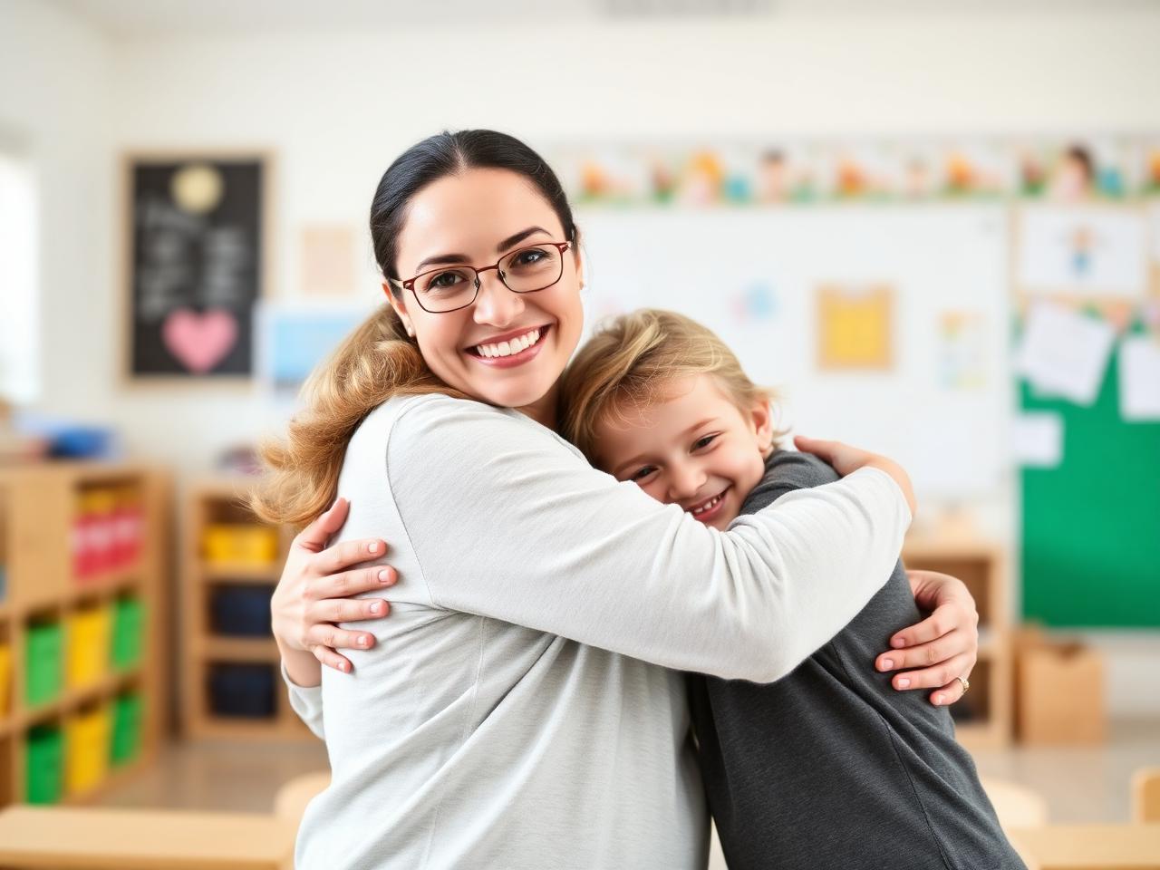 Teacher hugging children